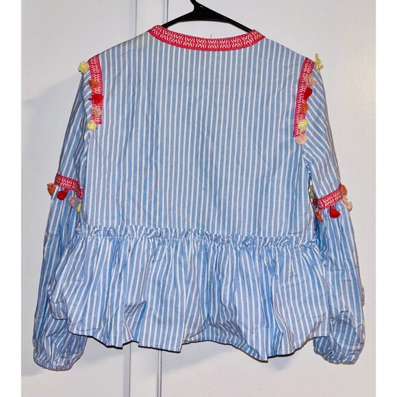 ZARA TRF Collection Boho Embroidered Tasselled Blue Peasant Blouse Jacket Small - Picture 3 of 7